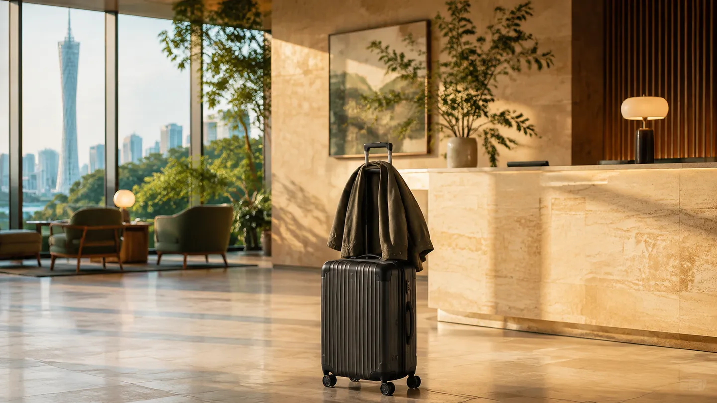 Illustrative arrival scene with a suitcase in a sunlit hotel lobby.