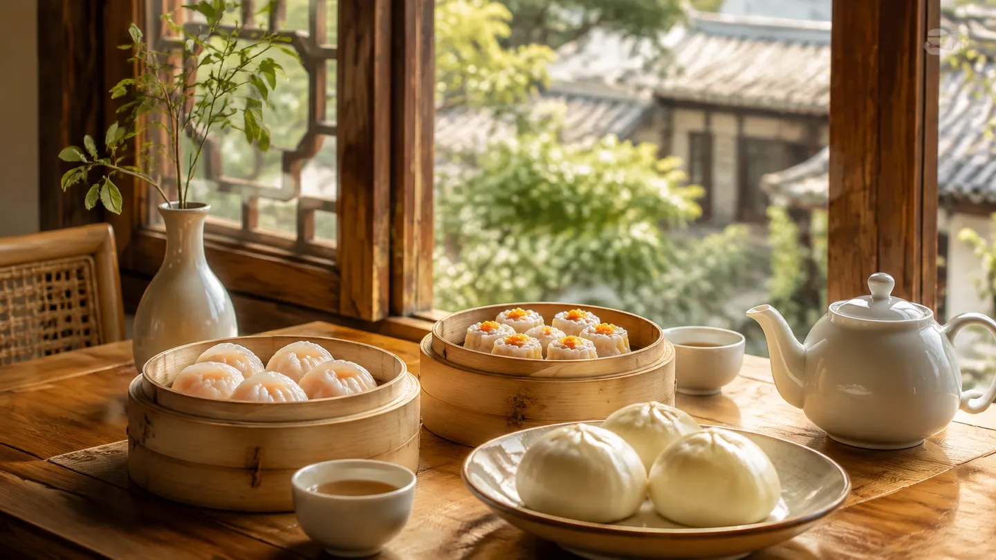 Illustrative Cantonese morning tea table with dim sum and a porcelain teapot.